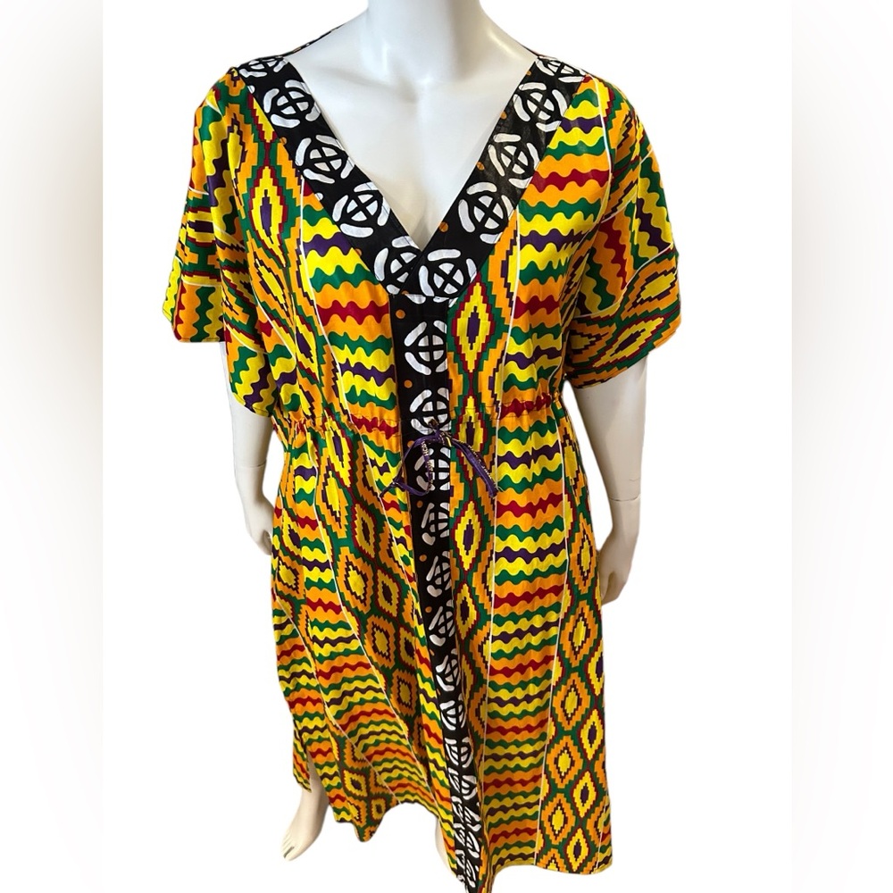 New Kente Print Kaftan Vibrant Kaftan — Made in The Gambia.  Drawstring Waist